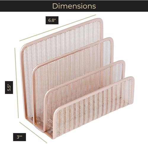 BLU MONACO Rose Gold Metal Mesh Letter Sorter | 3-Slot Vertical Mail Organizer for Desk, Office and Home | Compact Mail Holder for Envelopes, Documents and Files | Modern Desktop Organizer