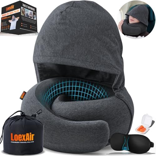 LOEXAIR™ Hooded Pro Travel Pillow - Memory Foam Neck Support Pillow for Airplane, Flight - Super-Soft Pure Cotton Fabric, Maximum Privacy & Light-Block Design, Lightweight Full Travel Kit - Dark Grey