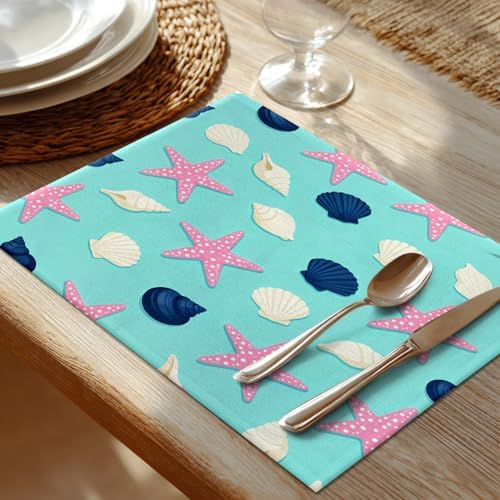 Shrahala Coastal Nautical Set of 6 12 X 18 Inch Linen Placemats, Repeat Pattern Seashells Red Burlap Table Mat Washable Double Layered Heat Insulation for Indoor/Outdoor