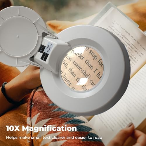 10X Magnifying Glass with Light, Clamp-on Desk Magnifier Lamp with Real Glass Lens and Adjustable Swing Arm for Reading, Crafts, Repair, Inspection and Close Work
