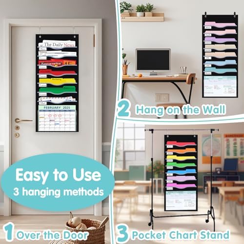 ALSLEA 8 Pockets Hanging Wall File Organizer 15" Extra Wide Pocket Chart for Classroom, Office, Home, Mail Organizer Wall Mounted with 1 Writable Clear Pocket, 5 Wall/ Door Hooks & 12 Labels (Black)