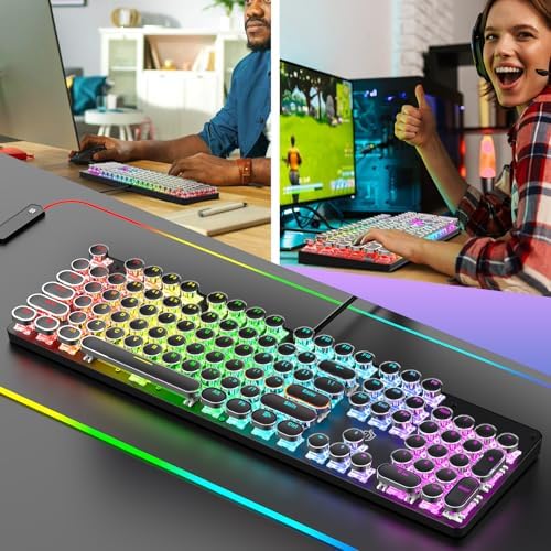 Typewriter Mechanical Gaming Keyboard with RGB Backlit Red Switches, 104 Keys Retro Round Keycap, Wired Typewriter Style Comfortable Typing Soud (R-Black)