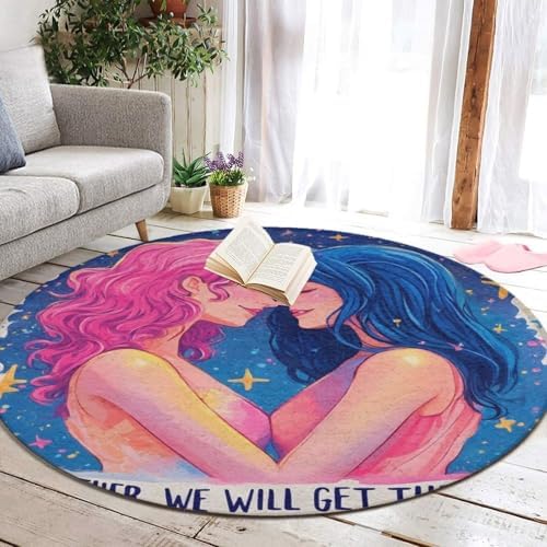 Home Decor Non Slip Kitchen Office Circle Rug, Machine Washable Modern Round Area Rug, Room Sofa Yoga Soft Round Carpet Lesbian LGBT Girl Pride Love, 60inch