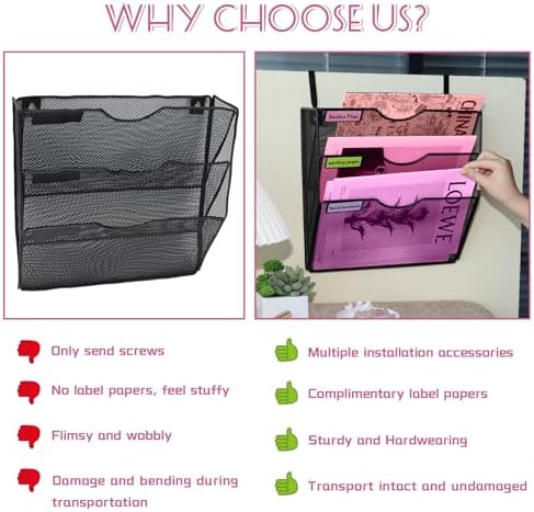3 Pockets Mesh Wall File Holder Organizer Office Hanging File Folder Magazine Rack, Nametag Label Hooks Set Included (Black)