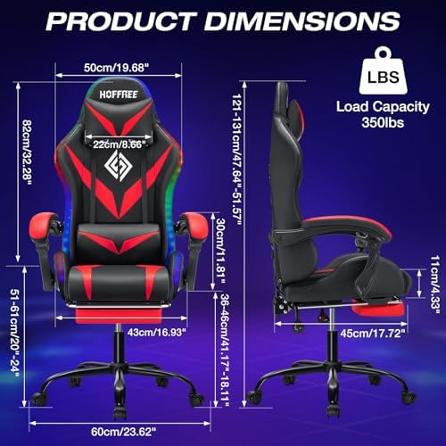 HOFFREE Gaming Chair with LED RGB Lights Massage Ergonomic Video Game Chairs with Footrest High Back Reclining Computer Chair with Adjustable Lumbar Support Red and Black