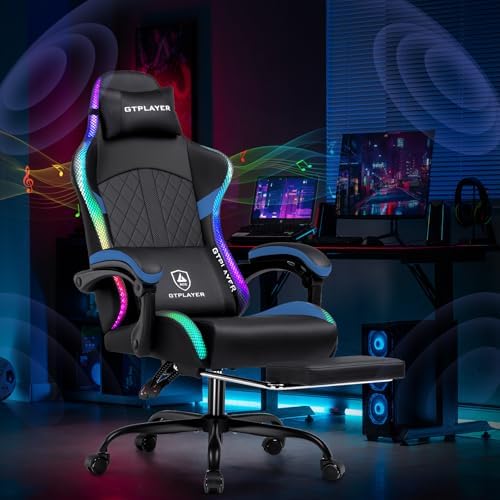 GTPLAYER RGB Gaming Chair with Speakers, Computer Gamer Chair with Footrest and LED Lights, PC Gamer Chairs for Adults, High Back Reclining Office Chairs, Linkage Armrest (Blue, with Speakers)