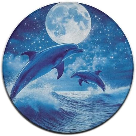 Machine Washable Modern Round Area Rug, Room Sofa Yoga Soft Round Carpet, Home Decor Non Slip Kitchen Office Circle Rug Blue Great Water of Waves Sea Full Moon Dolphin Art, 60inch