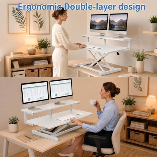 37" Height Adjustable Standing Desk Converter, 4.9" to18.5 Height Adjustable Sit Stand Up Desk Riser with Secondary Desks, Desktop Workstation Riser for Home Office Computer Laptop, White