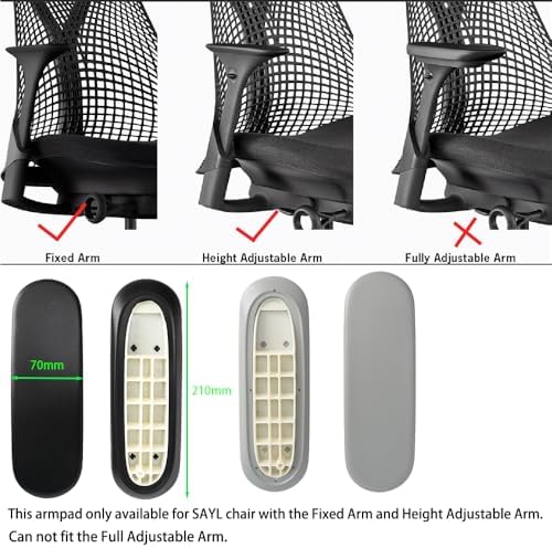 Arm Pads Caps Replacement for Herman Miller Sayl Office Chair, Fixed and Height-Adjustable Armrest, Light Gray Vinyl (1-Pair)