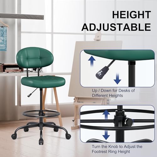 Misolant Drafting Chair, Armless Tall Office Chair with Footrest Ring for Standing Desk, Small Faux Leather Executive Computer Chair with Adjustable Height for Bar Lab Counter Height Desk, Green