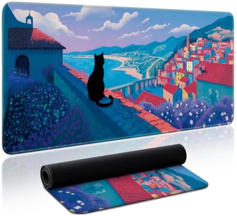 Aesthetic Desk Mat, Cute Hillside Cat Desk Pad Protector for Work & Decor, 35.4" x 15.7", Pretty Non-Slip Extended Mouse Pad for Office or Home
