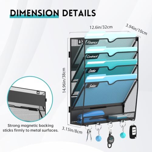 5 Tier Magnetic File Holder with Hooks for Letter Size Files