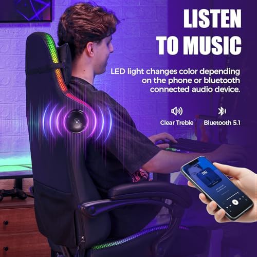 GTPLAYER RGB Gaming Chair with Speakers, Computer Gamer Chair with Footrest and LED Lights, PC Gamer Chairs for Adults, High Back Reclining Office Chairs, Linkage Armrest (Light Black, with Speakers)