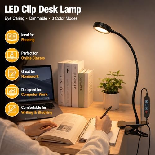 USB Clip-On Lamp, Eye Caring Dimmable Reading Light (Warm+Cool White, 8W)