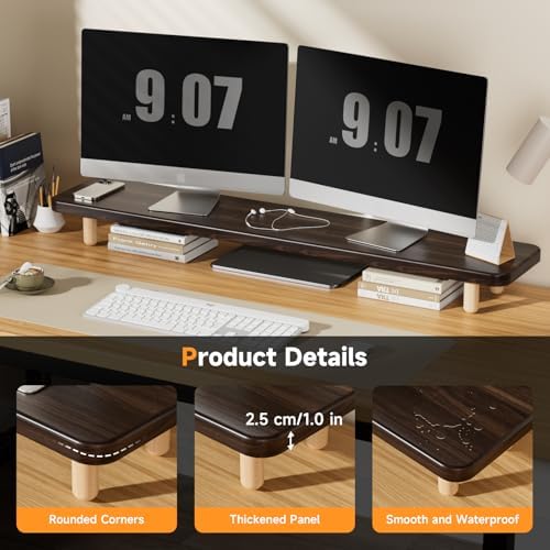 Dual Monitor Stand Riser, 39 Inch Extra Long Wooden Desktop Monitor Riser with Storage for 2 Monitors Ultra Strong Desk Shelf Organizer Riser Ergonomic for 2 Screens/Laptop/PC/TV/Printer (Dark Walnut, 39inches)
