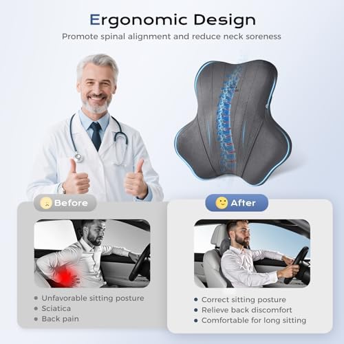 Coverado Car Lumbar Support Pillow and Car Neck Pillow Kit, Ergonomic Design Car Headrest Pillow for Driving, Relax Back Head Muscles Relieve Driving Fatigue, Breathable & Removable Cover