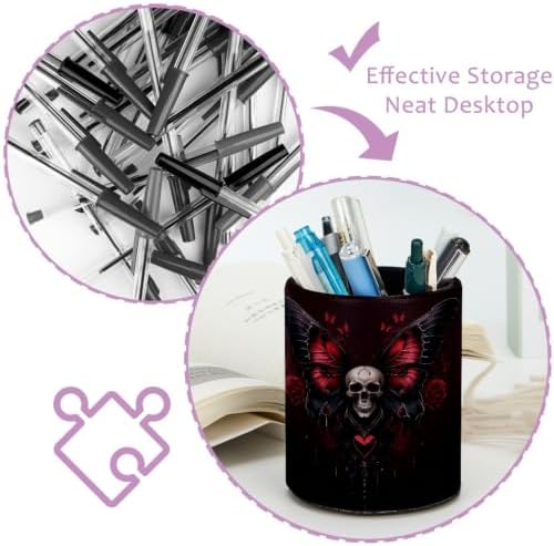 Leather Pen Holder for Desk, Skull Butterfly Pencil Cup Pen Organizer Makeup Brush Holder for Office Home Kids Countertop Desk Accessory Storage