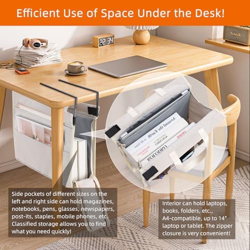MASTLU Under Desk Hanging Storage Bag, Desk Organizer Storage, Office Side Storage Bag, Compatible with A4 Files, Detachable Handle Design, No Assembly Required, for Office Home School (Beige)