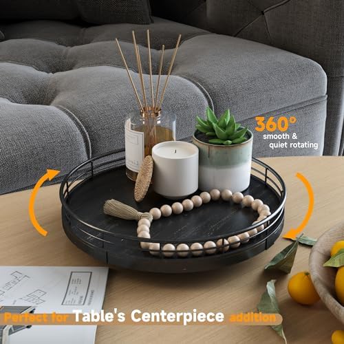 AMH 9-Inch Oak Lazy Susan Vanity Tray with Black Brush Gold Metal Frame