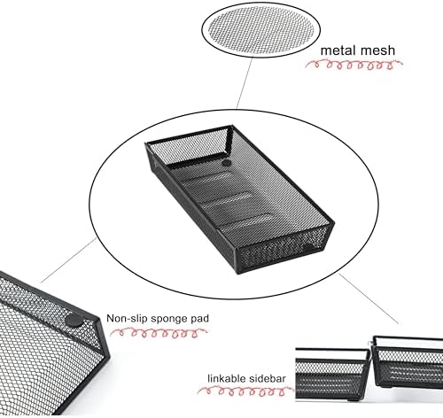 Mesh Tray Silverware Drawer Organizer, Utensil Cutlery Tray Office Supplies with Interlocking Arm Drawer Dividers Organizer for Flatware, Knives,Home,Office, School,Bedroom 12X6'' Black