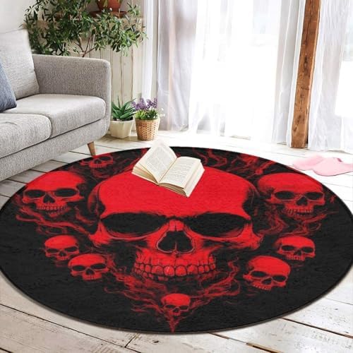 Women's Large Home Decor Mat, Soft Round Yoga Carpet, Non Slip Machine Washable Home Office Circle Rug Cool Red Skulls