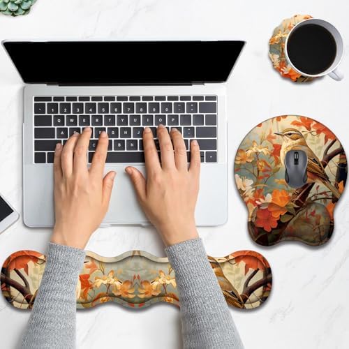 Keyboard Wrist Rest and Mouse Pad Wrist Support with Lace-Shaped Coaster Set, Ergonomic Gel Memory Foam and Anti-Slip Base, Easy Typing and Pain Relief - Larks Among Flowers