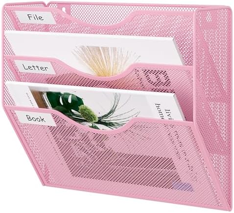 EasyPAG 3 Pocket Mesh Wall File Organizer, Hanging Paper Folder Holder with Classify Label, Vertical Wall Mount Mail Organizer for Office Home Classroom, Pink