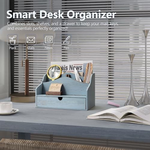 Rebee Vision Mail Organizer for Desk with 4-Slot Letter Home Decor, Blue
