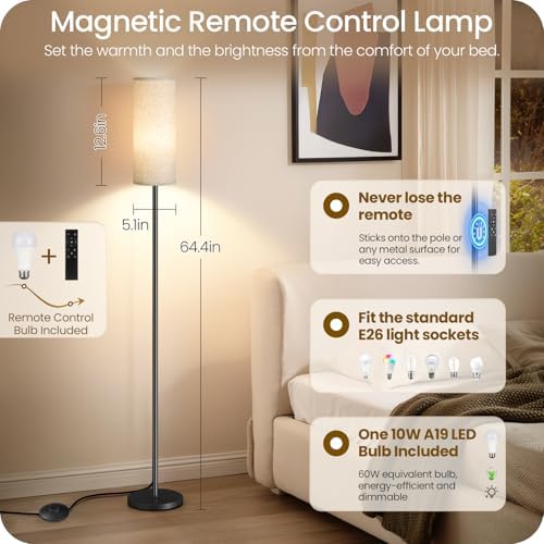 64.4” Slim Floor Lamp for Living Room with Magnetic Remote and Foot Switch, Dimmable Standing Tall Lamp Mood for Bedroom Nursery, 3 Color Temperatures, 1-Hour Timer,900LM Bulb Included,Beige E06LD05W1