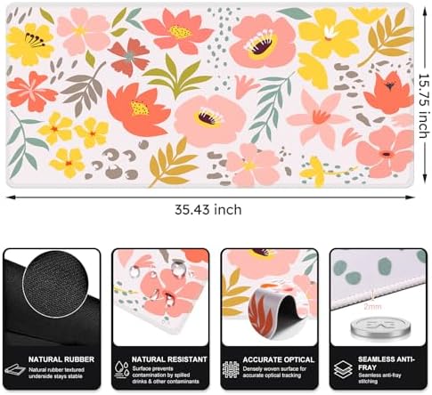 iCasso Desk Matt for Desktop,Cute Desk Pad Mat,Flowers Leaves