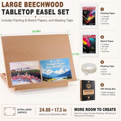 24.9"x17.3" Beechwood Tabletop Easel with Paint and Sketch Papers,Mask Tape