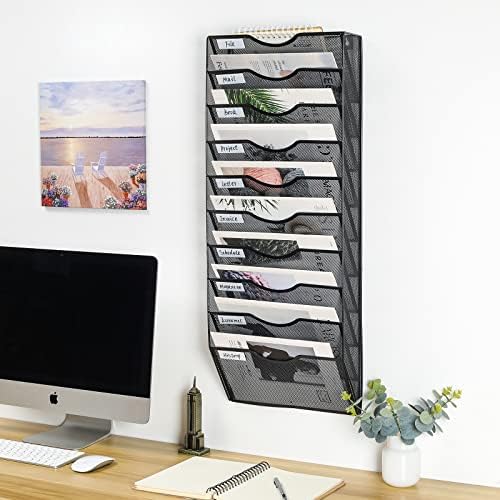 PAG-Mass Hanging Wall File Holder Organizer Mail Sorter Literature Rack for Office, 10 Pockets, Black