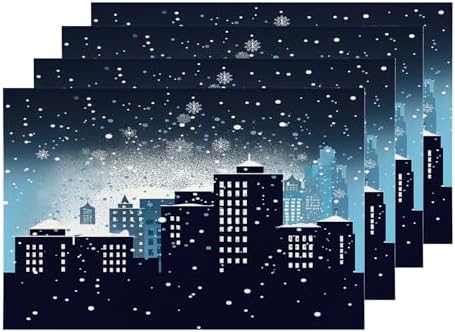 Shrahala Winter City Silhouette Placemats, Urban Falling Snowflakes Table Mat Linen Burlap Washable Double-Deck Heat Insulation for Dining Table Kitchen Table Set of 4 (12 x 18 inch)