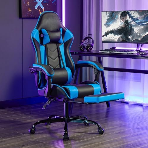 Blue Ergonomic Gaming Chair for Adults with Footrest and Massage