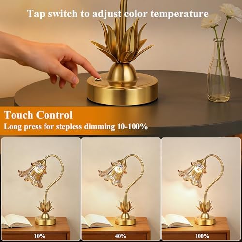PARTPHONER Cordless Flower Table Lamp with Glass Lampshade, 5000mAh Rechargeable Battery, 3-Color Dimmable Touch Control, Portable Desk Lamp for Nightstand, Patio, Camping, Restaurant & Home, Amber