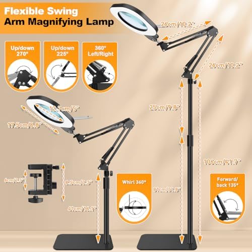 15X Magnifying Lamp with Light,5-Inch Optical Glass Lens, 3-in-1 Desk/Clamp/Floor Stand, LED Lighted Magnifier, Stepless Dimming for Close Work, Crafts, Repair, Reading, Sewing, Black