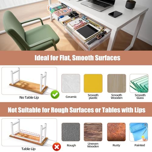 3 Pack Under Desk Drawer Slide Out Storage Organizer, Clear White 3 Sizes (S/M/L), Dual-Mount Hidden Table Tray for Tablets, Planners & Office Supplies