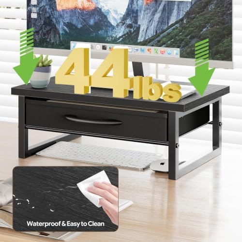 Ekisemio 2-Tier Monitor Stand with Fabric Drawer – Wood and Metal Computer Riser, Desk Organizer for Office, Black