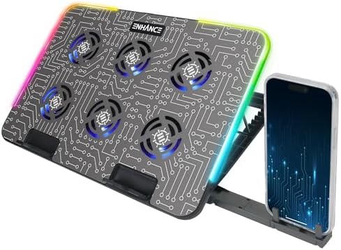 ENHANCE Gaming Voltaic 2 Laptop Cooling Stand - Laptop Cooling Pad with 6 Blue LED Fans, 7 Height Settings, RGB Lighting - Metal Top Cooler Pad with Phone Stand, 2 USB Ports for up to 17 inches