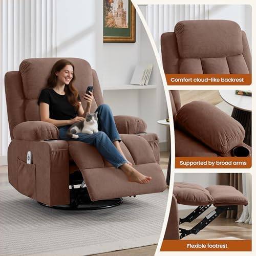 MAHOMICO Swivel Rocker Recliner Chair with Vibration Massage and Heat for Living Room,with Rocking Function and Side Pocket, USB Charge Port,2 Cup Holders
