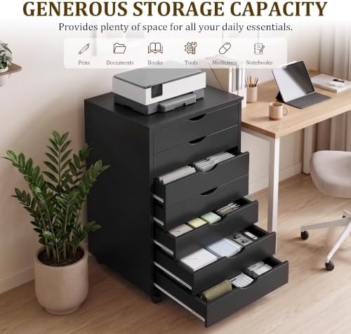 7 Drawer File Cabinet, Under Desk Storage Drawers with Wheels, Black