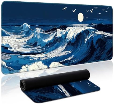 Aesthetic Desk Mat, Cute Moonlit Waves Desk Pad Protector for Work & Decor, 31.5" x 11.8", Pretty Non-Slip Extended Mouse Pad for Office or Home