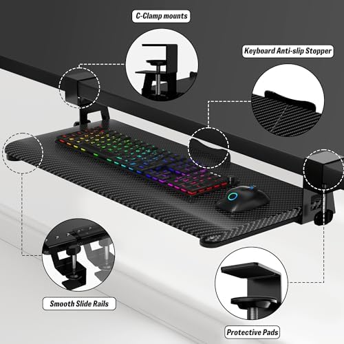 Under Desk Keyboard Tray, Slide-Out Keyboard Drawer with C-Clamp 25.6"x11.8"