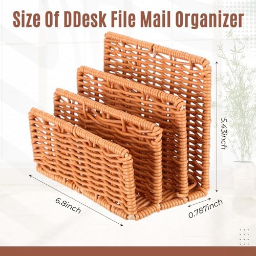 Rattan Mail Organizer for Desk Mail Holder Countertop with 3 Slot Rattan Letter Sorter File Holder Envelope Book Stand Office Desk Organizer and Storage Accessories