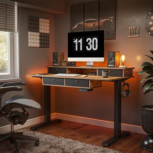 FEZIBO 48 x 24 inch Standing Electric Desk with Drawers, Rustic Brown
