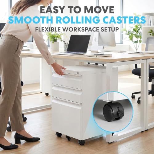 Simpli-Magic 3 Drawer Mobile File Cabinet with Lock Under Desk Metal Filing Cabinet for Home Office Organizer Fully Assembled Letter Legal A4 White