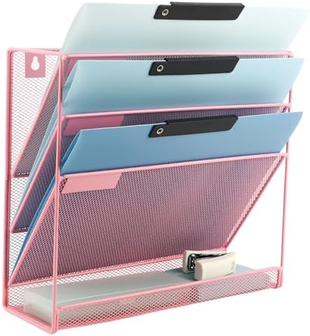 EASEPRES Desk File Organizer Mesh 4-Tier, Hanging Wall Mount Document Organization Stand, Desktop Vertical Mail Paper Folder Holder Rack with Bottom Tray for Office Home Cubicle Countertop, Pink