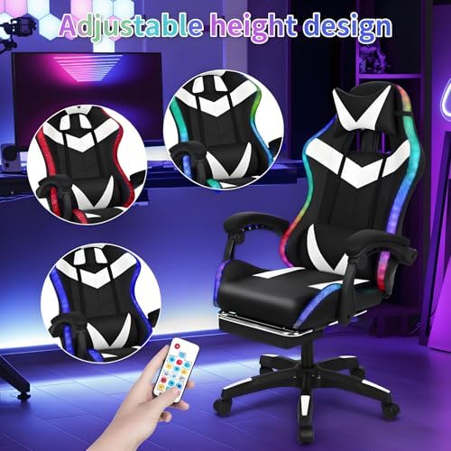 Gaming Chair with 2 Bluetooth Speakers & Lights, Ergonomic High-Back Office Chair with Headrest & 135° Recline, 360° Swivel Height Adjustable Faux Leather Computer Chair for Gaming, Office & Study