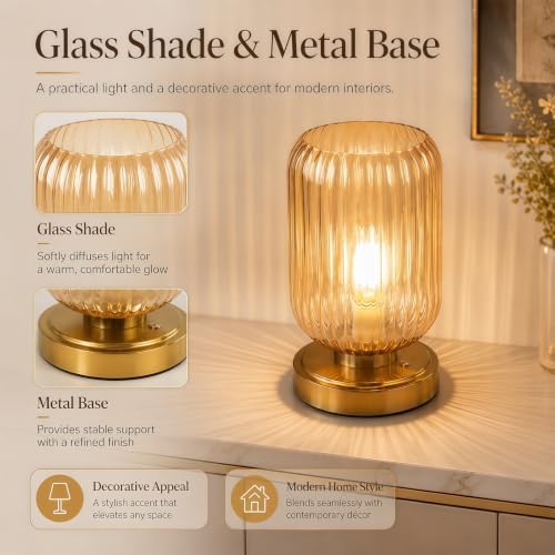 Cordless Glass Table Lamp, 3 Color Modes & Stepless Dimming, Amber