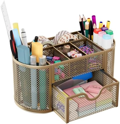 EasyPAG Mesh Pen Holder Desk Organizer with Drawer Stationery Supplies Organizer for Dorm School 9 Compartments Workspace Desk Accessories Organization for Office, Gold